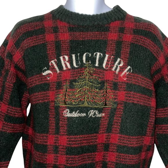 Structure Vintage 1990's 100% Wool Thick Plaid Embroidered Pullover Sweater XL - Picture 2 of 10